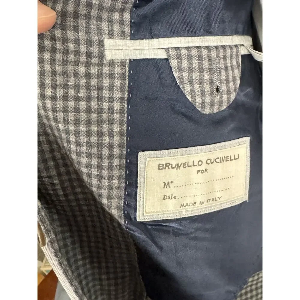 Brunello Cucinelli Gingham Plaid Wool Linen Silk Gray Blazer Sport Jacket 52/42